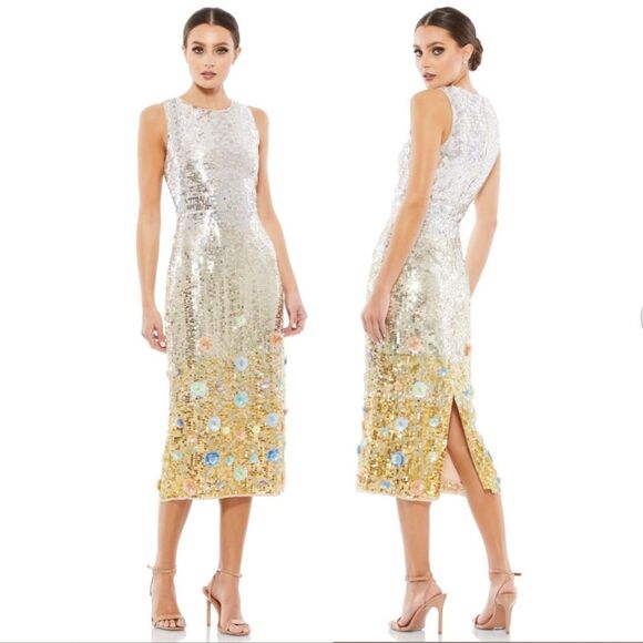 Mac Duggal Floral Skirt Sequin Midi Length Dress Style 10691 Size 10 - Picture 1 of 11